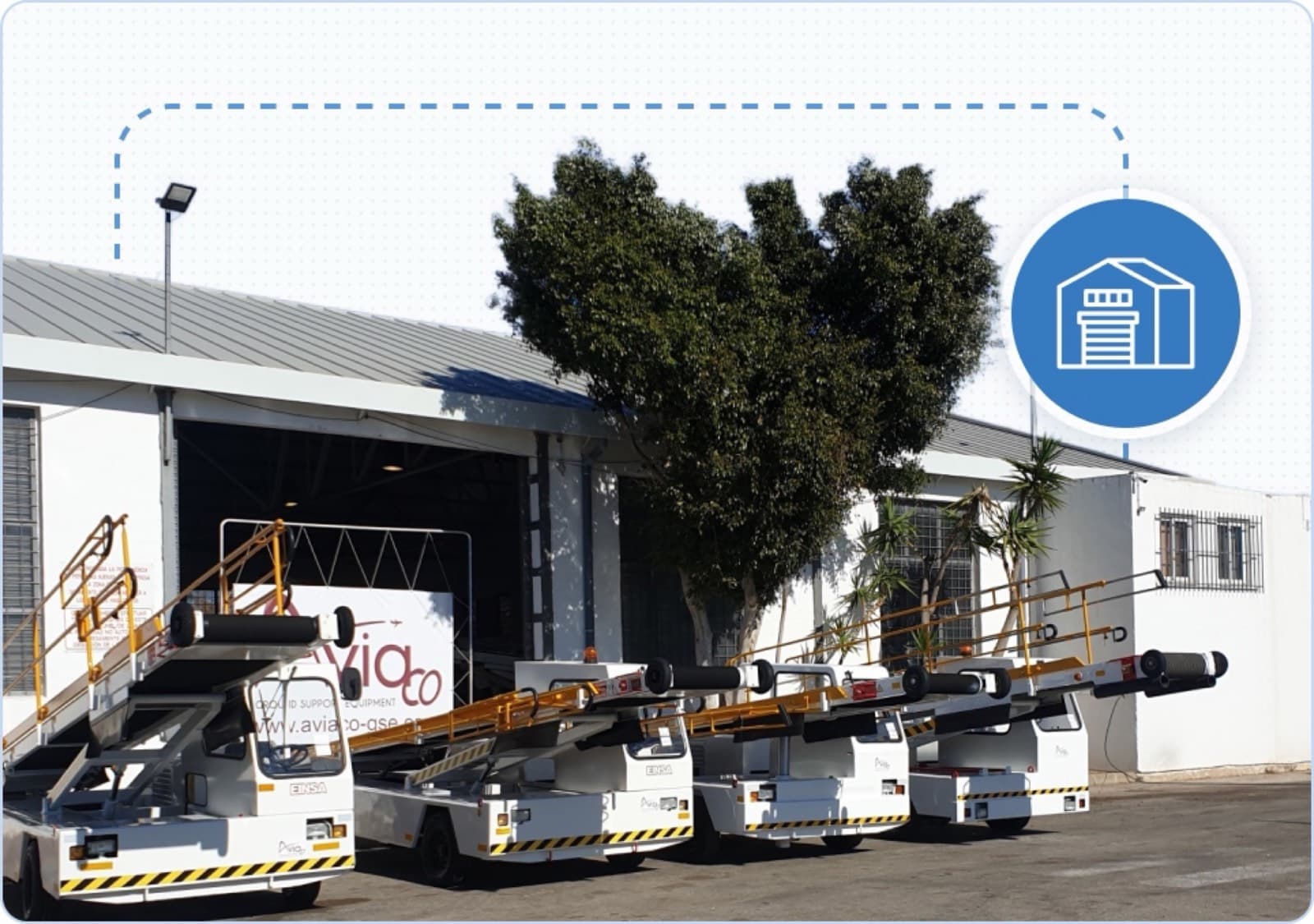 Multiple white belt loaders at Aviaco warehouse with storage icon