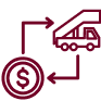 Icon depicting a dollar sign in a circle linked by arrows to a robotic conveyor, symbolizing cost efficiency in logistics/supply chain