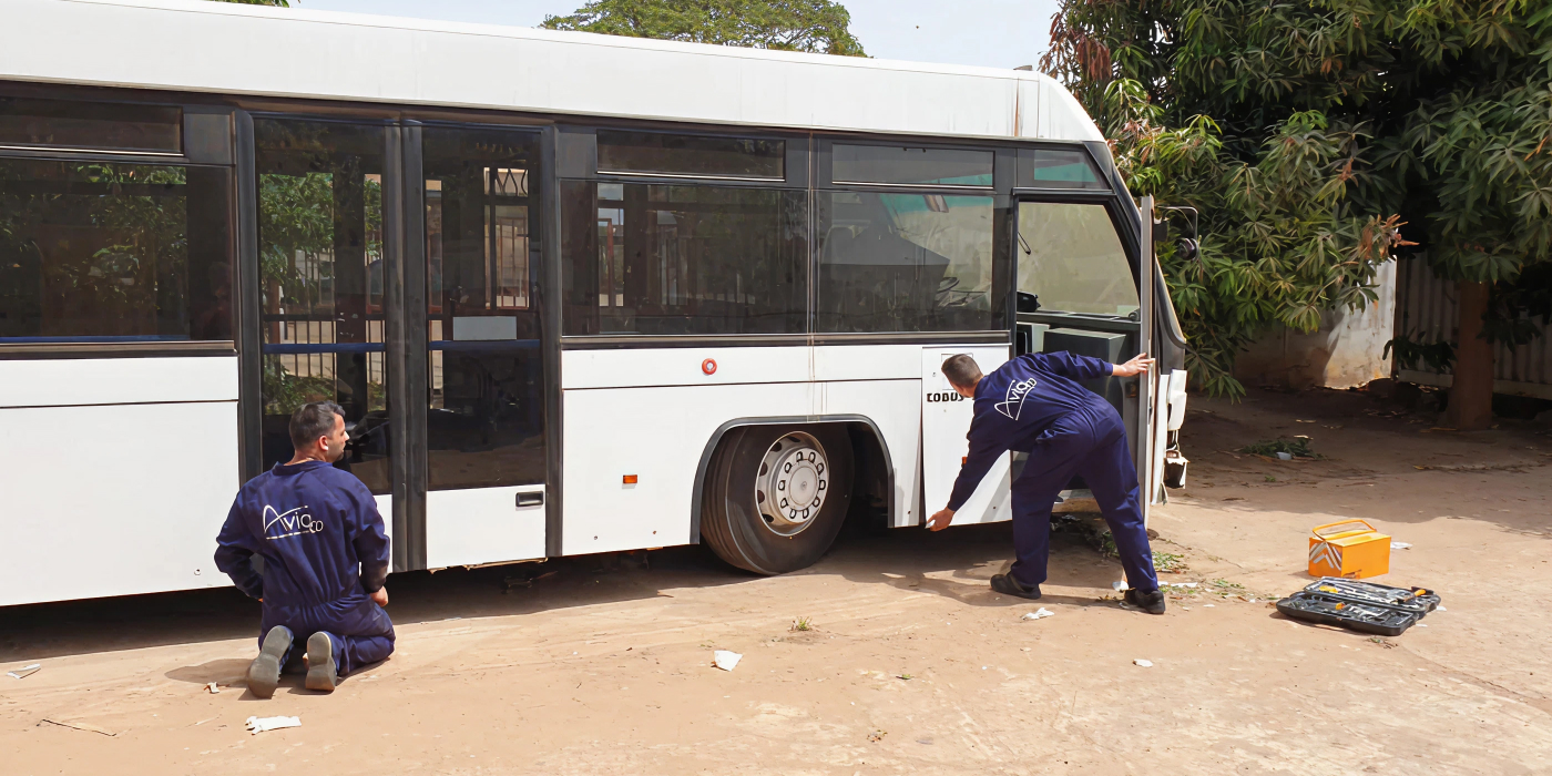 Two maintenance workers in blue uniforms inspect a white bus in a dusty yard, one kneeling by the rear wheel and the other leaning toward the front with tools nearby.